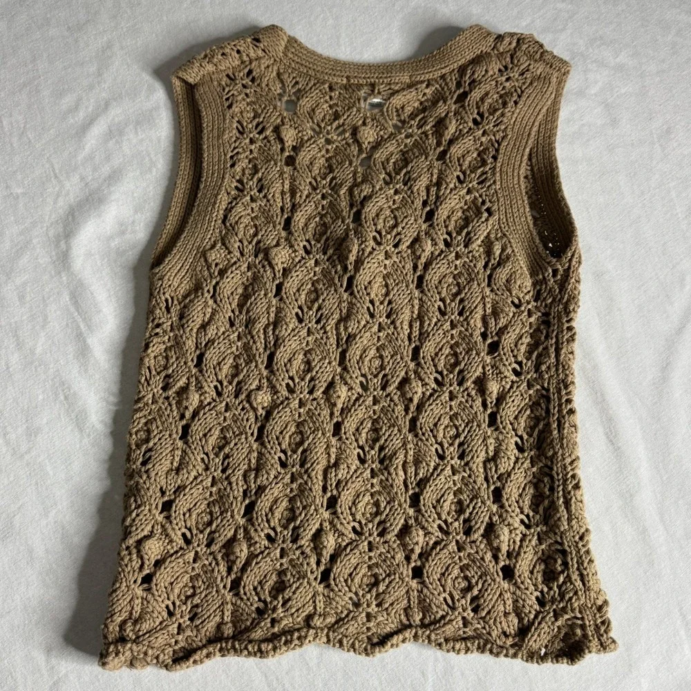 Cotton Emporium Tan Crochet‎ Knit Tie Front Vest Boho Sleeveless Cardigan Medium